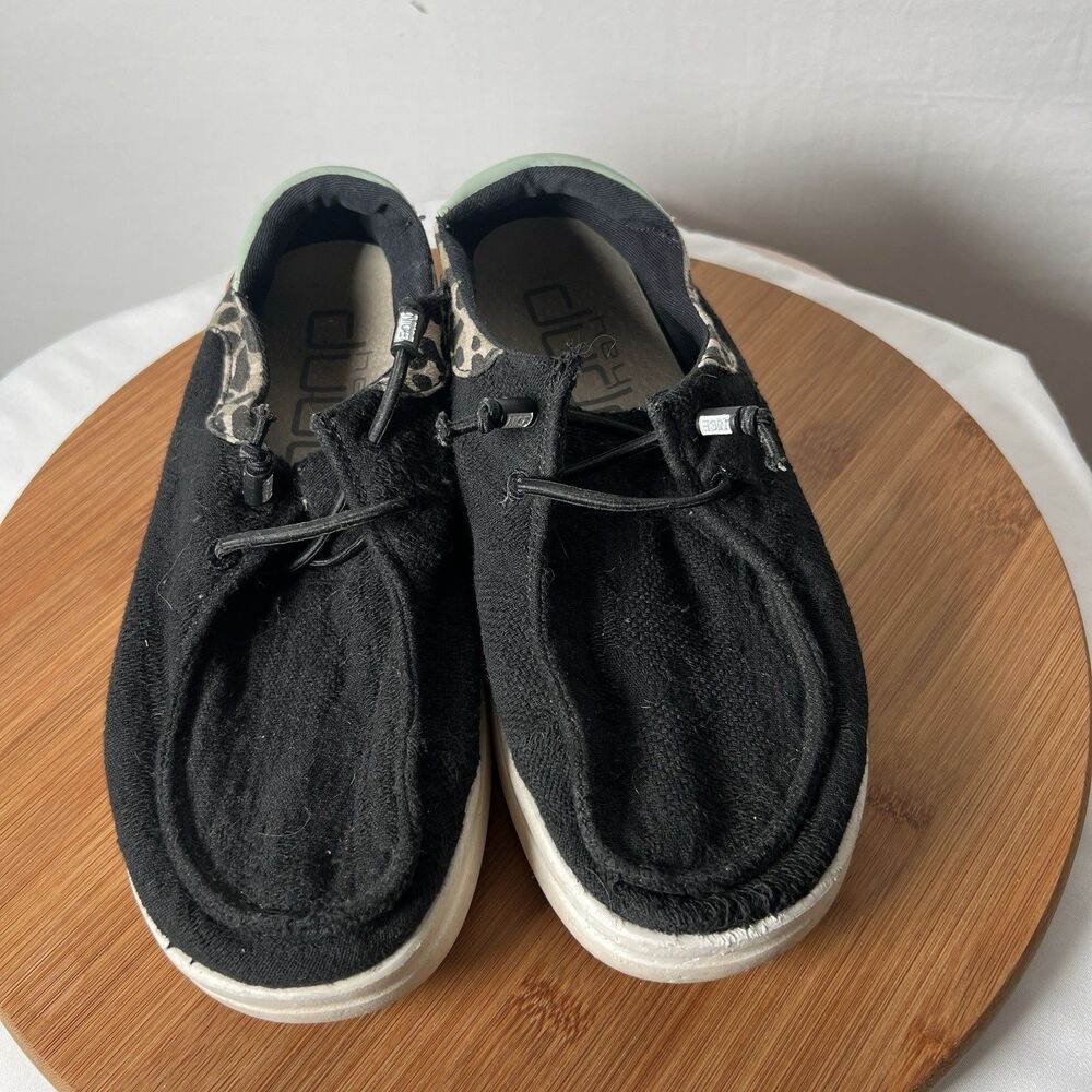 Hey Dude Wendy Rise Jungle Funk Leopard Black Women's Casual Shoes Loafers Sz 6